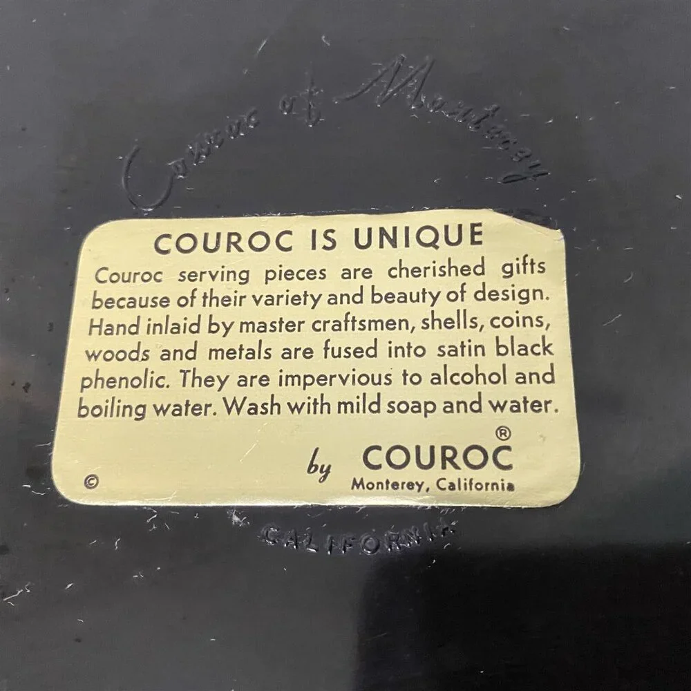COUROC WELLS FARGO STAGECOACH TRAY PLATE VINTAGE WOOD AND BRASS INLAY
